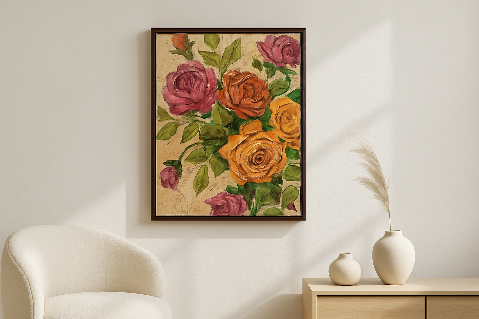 Clay Bloom van Wandkraft op canvas in wenge baklijst, in een licht Scandinavisch interieur.