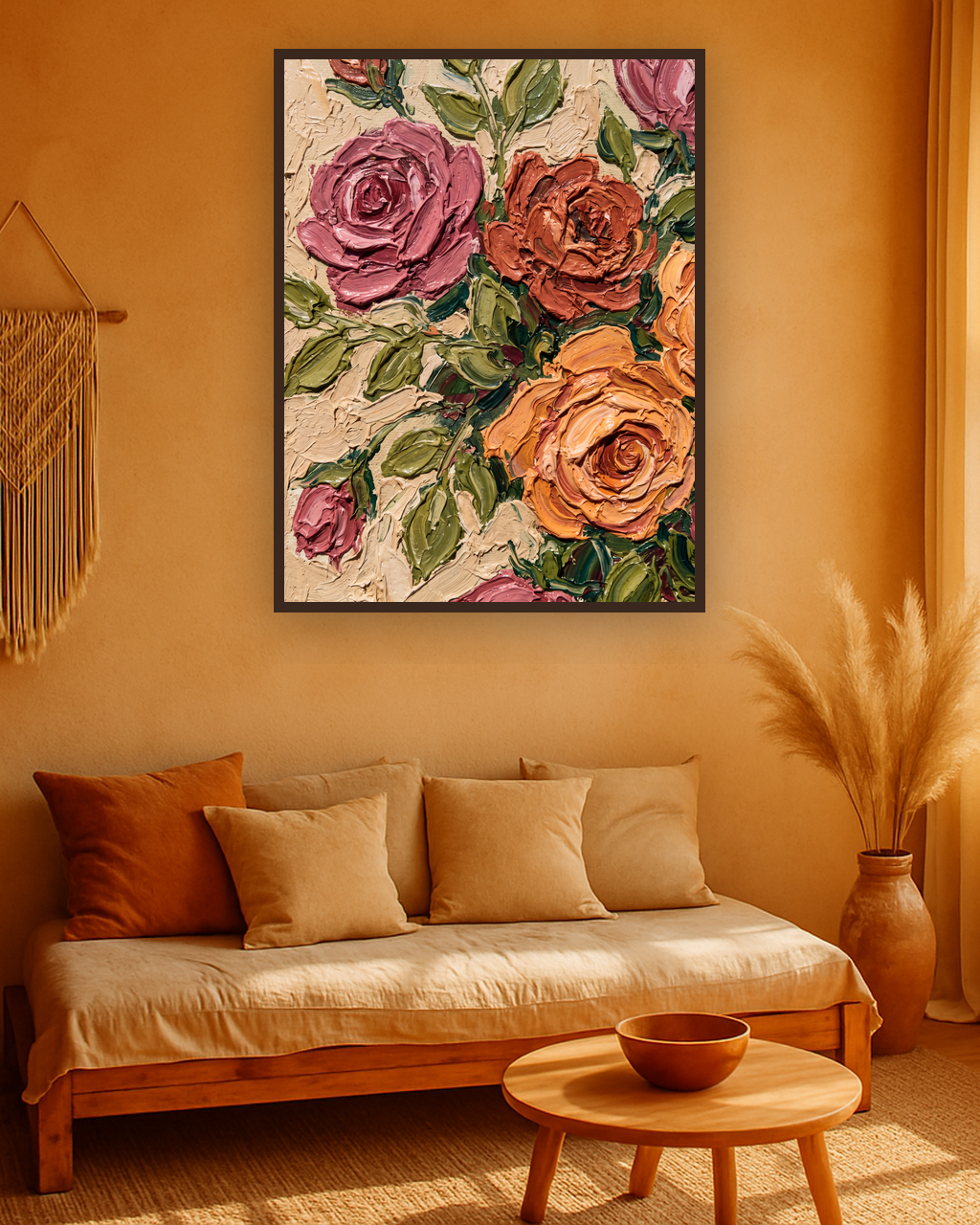 Clay Bloom van Wandkraft op canvas in wenge baklijst, in een warm bohemian interieur.