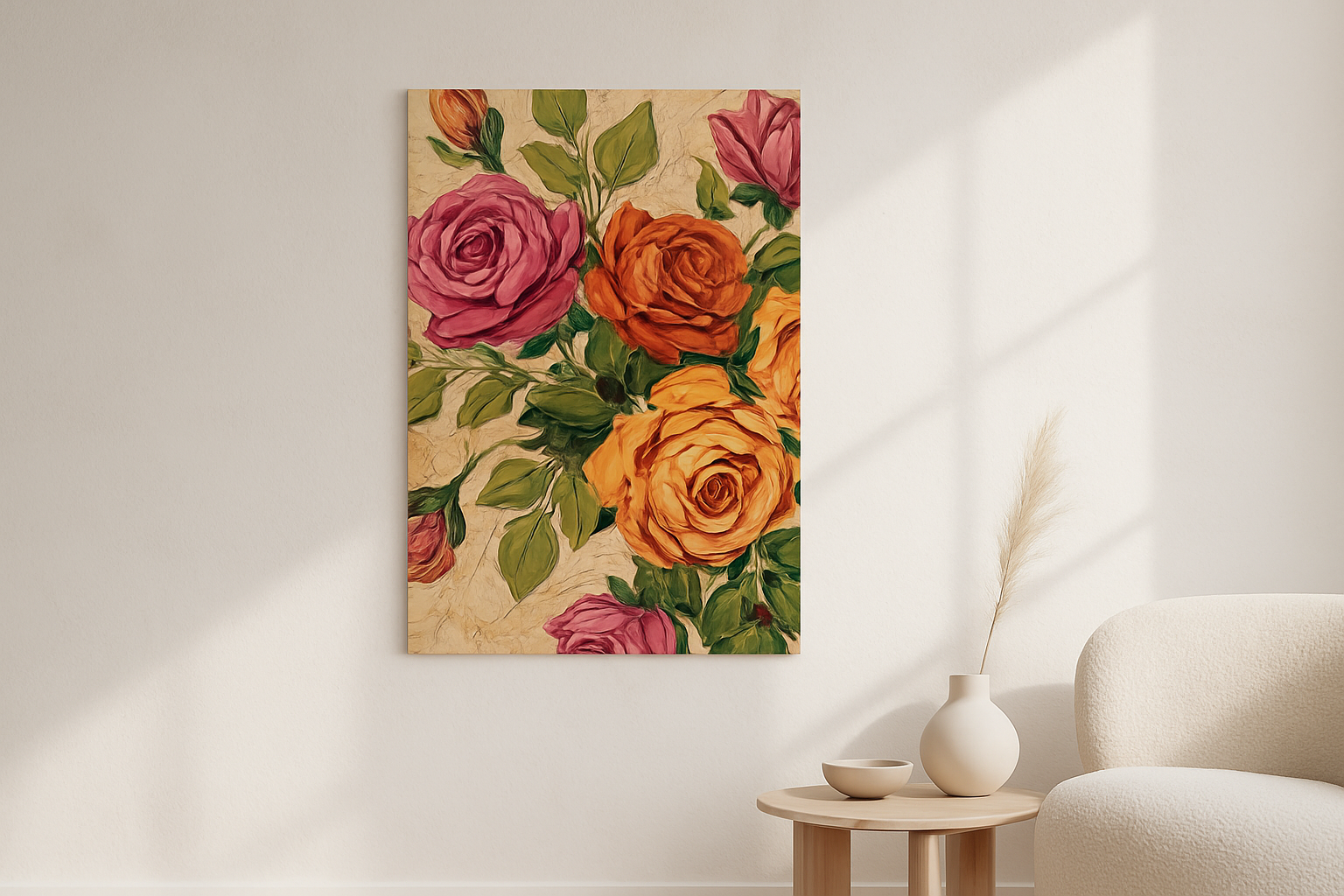 Clay Bloom van Wandkraft op canvas zonder lijst, vlak aan de muur, in een licht Scandinavisch interieur.