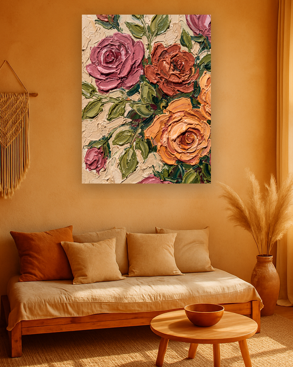 Clay Bloom van Wandkraft op canvas zonder lijst, vlak aan de muur, in een warm bohemian interieur.