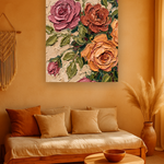 Clay Bloom van Wandkraft op canvas zonder lijst, vlak aan de muur, in een warm bohemian interieur.