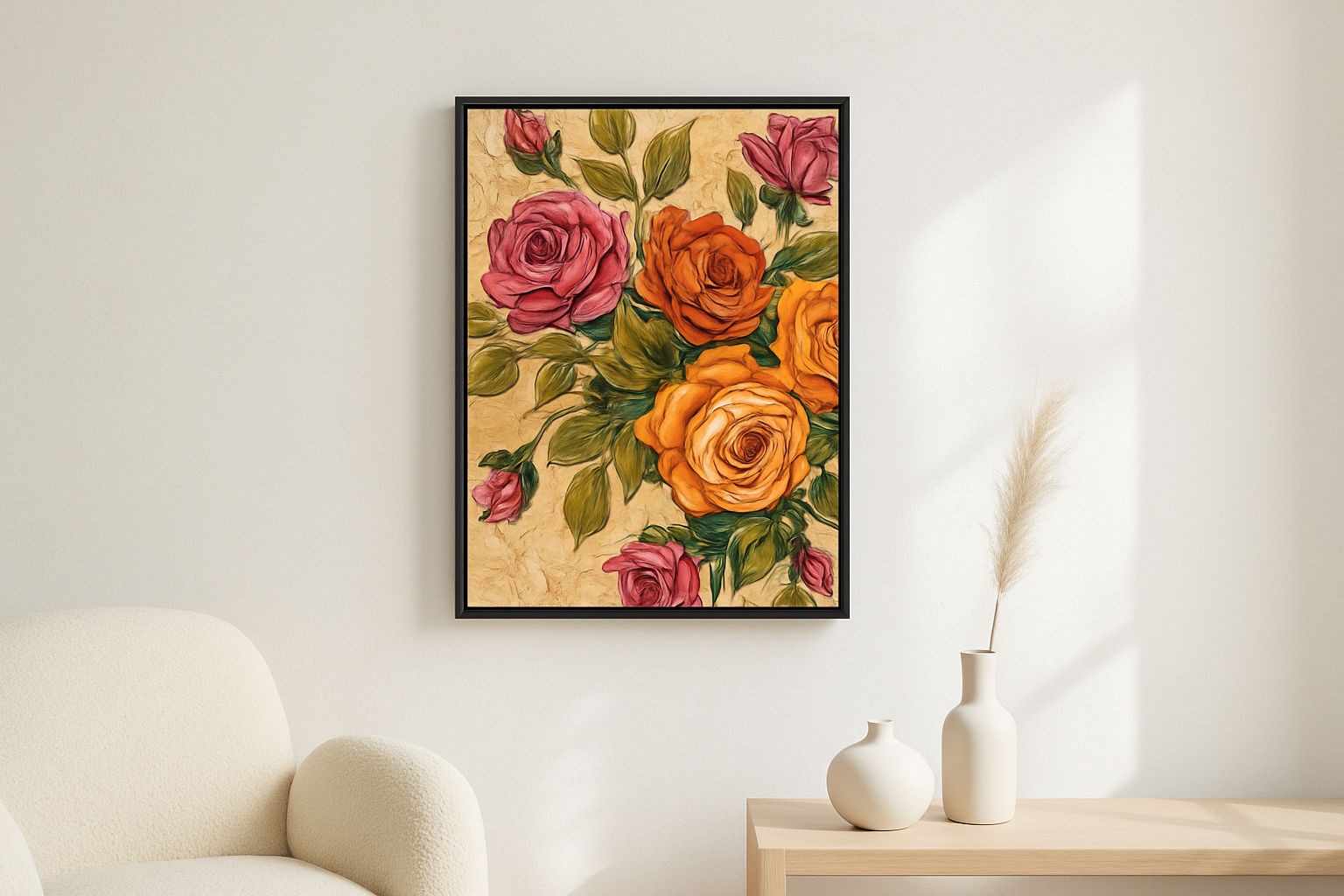 Clay Bloom van Wandkraft op canvas in zwarte baklijst, in een licht Scandinavisch interieur.