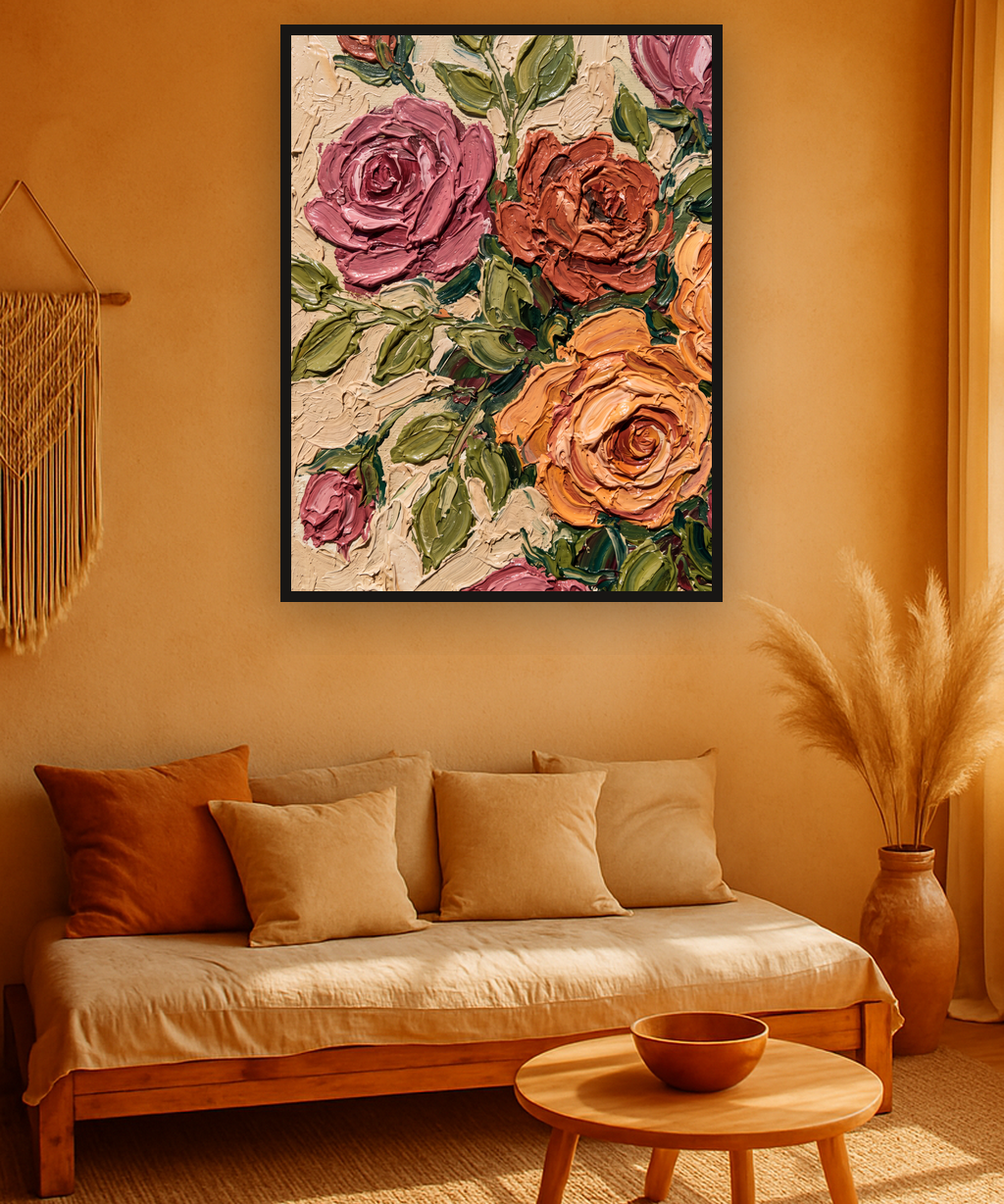 Clay Bloom van Wandkraft op canvas in zwarte baklijst, in een warm bohemian interieur.