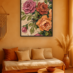 Clay Bloom van Wandkraft op canvas in zwarte baklijst, in een warm bohemian interieur.