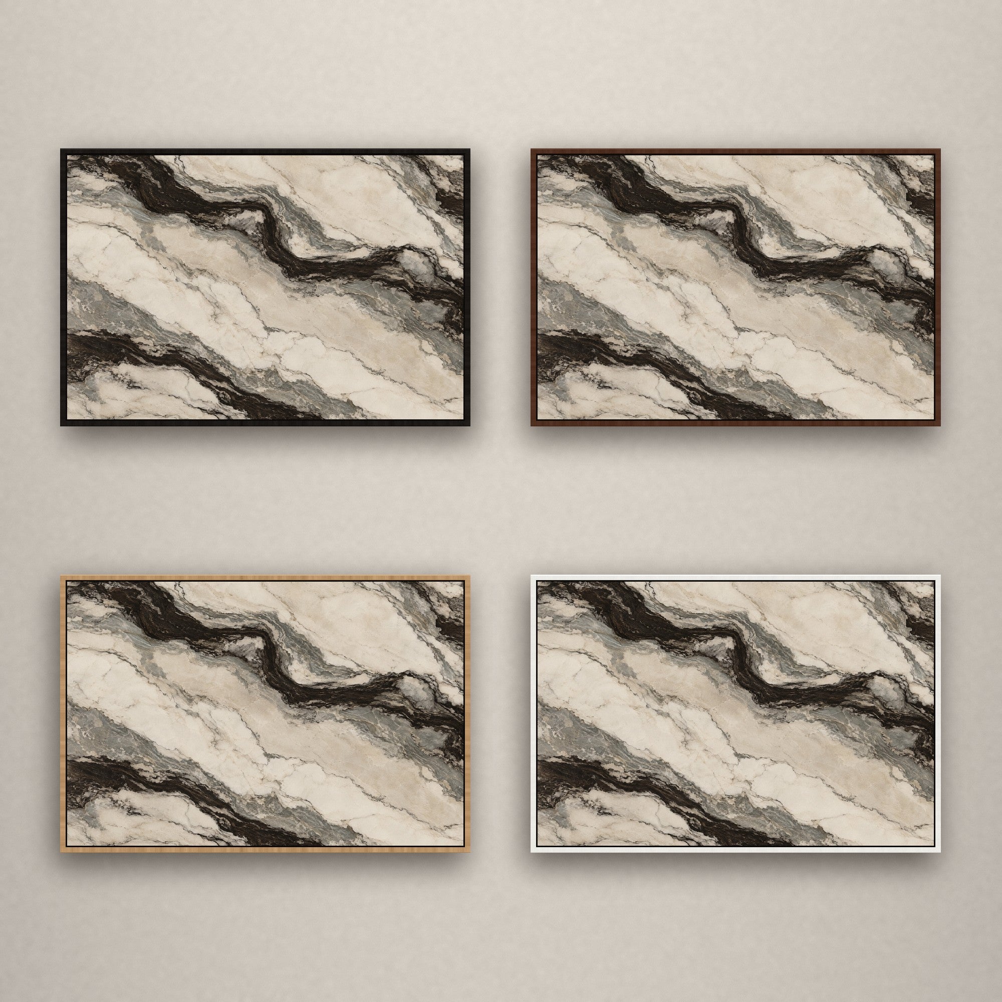 Cloud Marble dans quatre cadres caisse côte à côte : noir, châtaigne, naturel et blanc