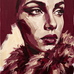 Cold Glance - vrouwenportret volledig in bordeauxrood, Wandkraft