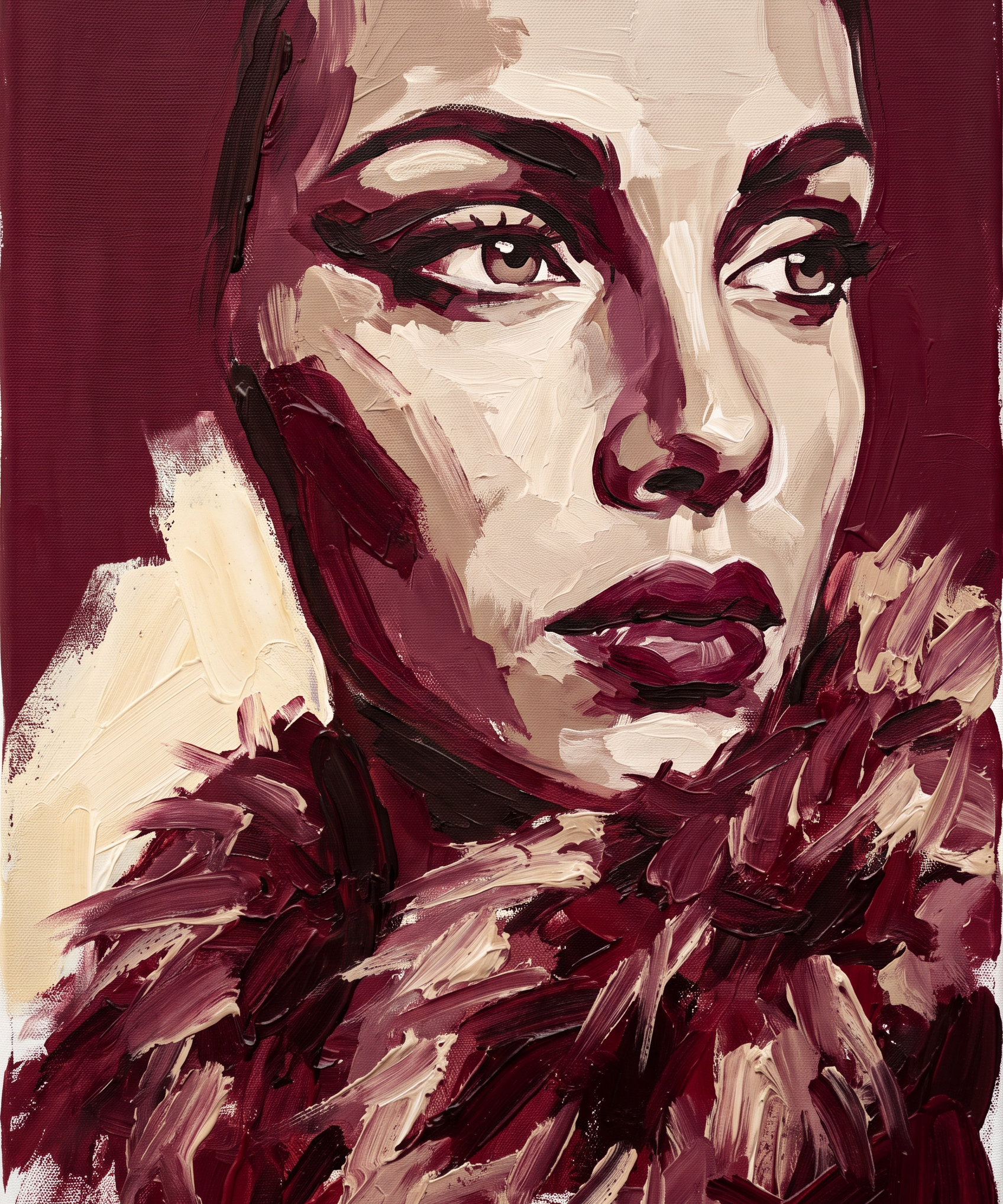 Cold Glance - vrouwenportret volledig in bordeauxrood, Wandkraft