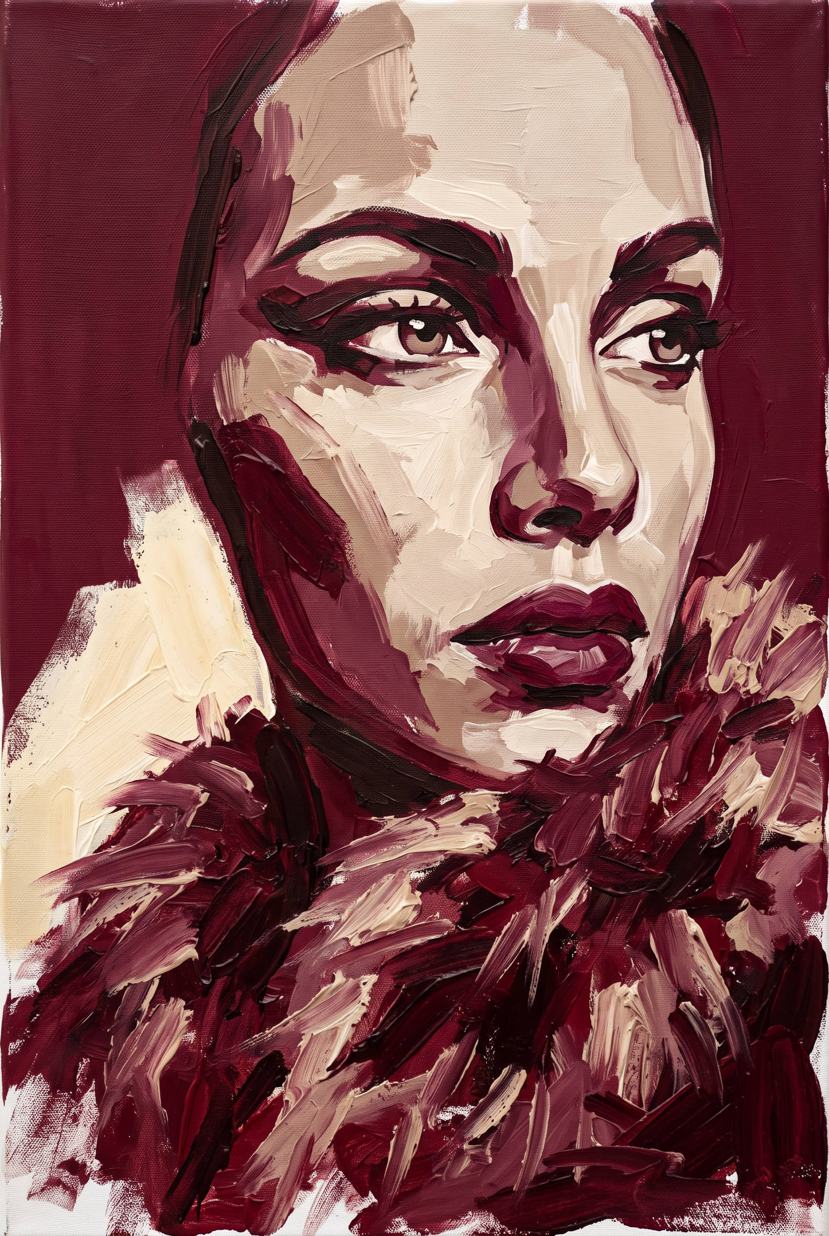 Cold Glance - vrouwenportret volledig in bordeauxrood, Wandkraft