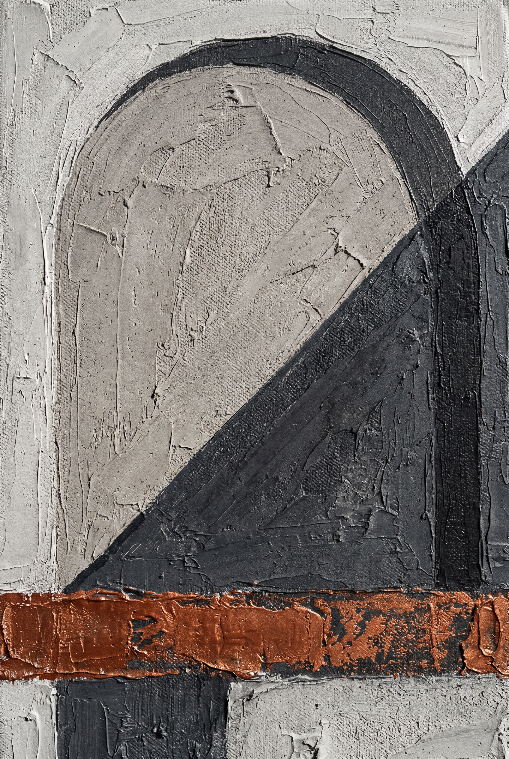 Concrete Hours wanddecoratie van Wandkraft: een architectonische boog in warm beton en diep antraciet met een gebrand koperen band.