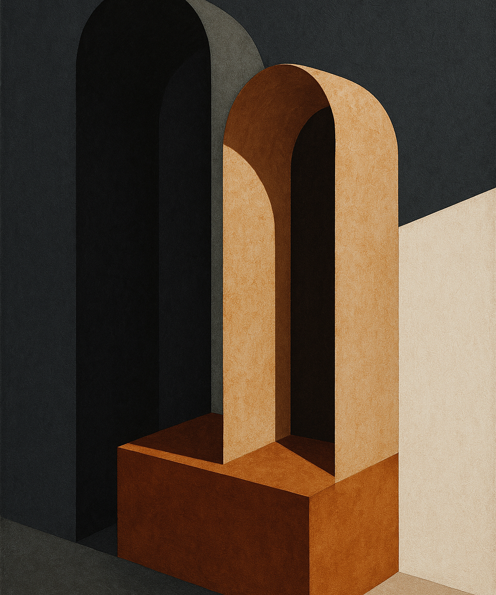 Concrete Hours wanddecoratie van Wandkraft: een abstracte architectonische compositie van bogen, schaduwvlakken en strakke lijnen, in diep antraciet, warm beton, gebrand koper en gebroken wit.