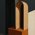 Concrete Hours wanddecoratie van Wandkraft: een abstracte architectonische compositie van bogen, schaduwvlakken en strakke lijnen, in diep antraciet, warm beton, gebrand koper en gebroken wit.