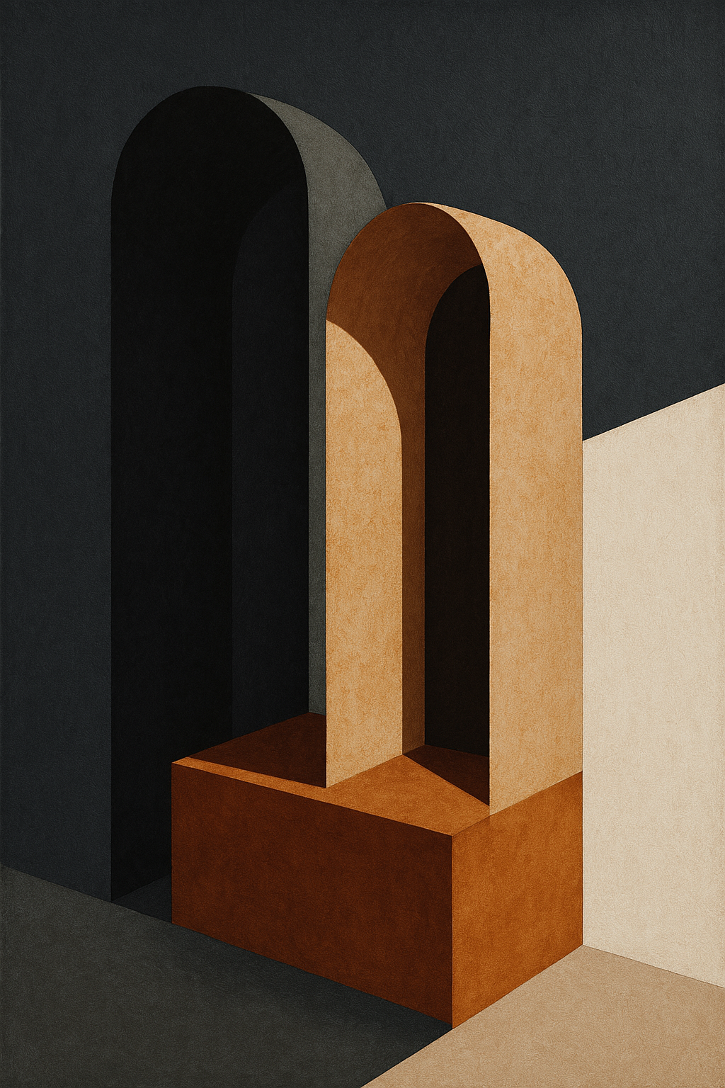 Concrete Hours wanddecoratie van Wandkraft: een abstracte architectonische compositie van bogen, schaduwvlakken en strakke lijnen, in diep antraciet, warm beton, gebrand koper en gebroken wit.