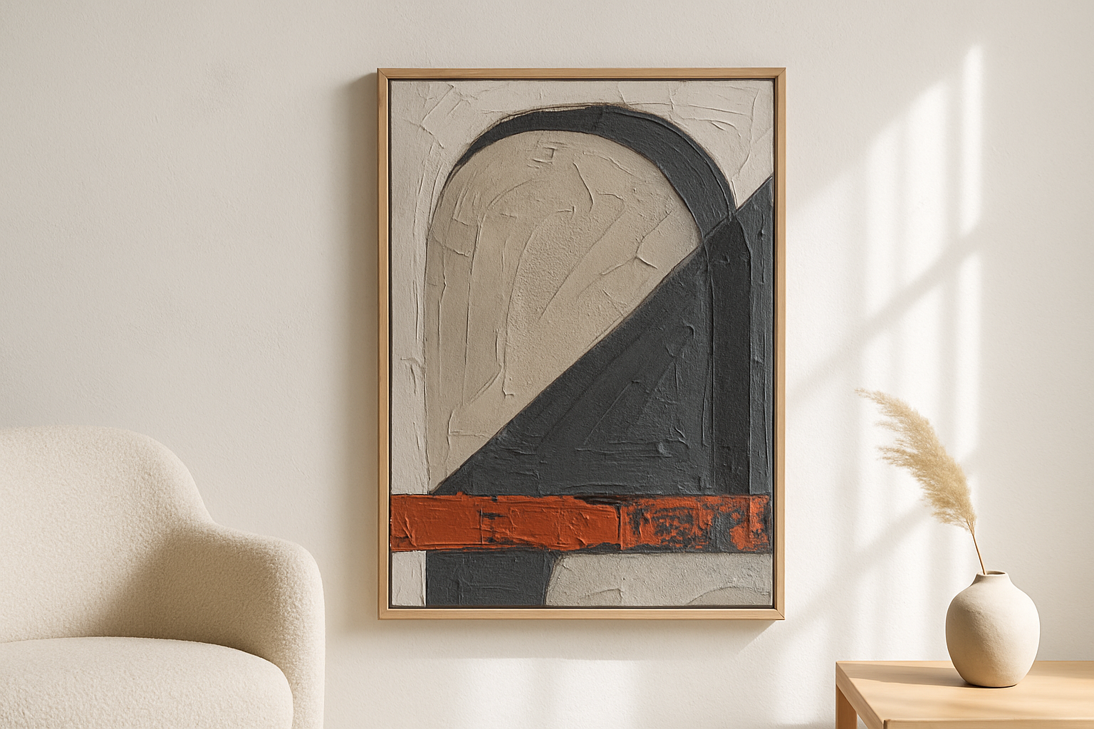 Concrete Hours van Wandkraft op akoestisch vilt in blanke baklijst, in een licht Scandinavisch interieur.