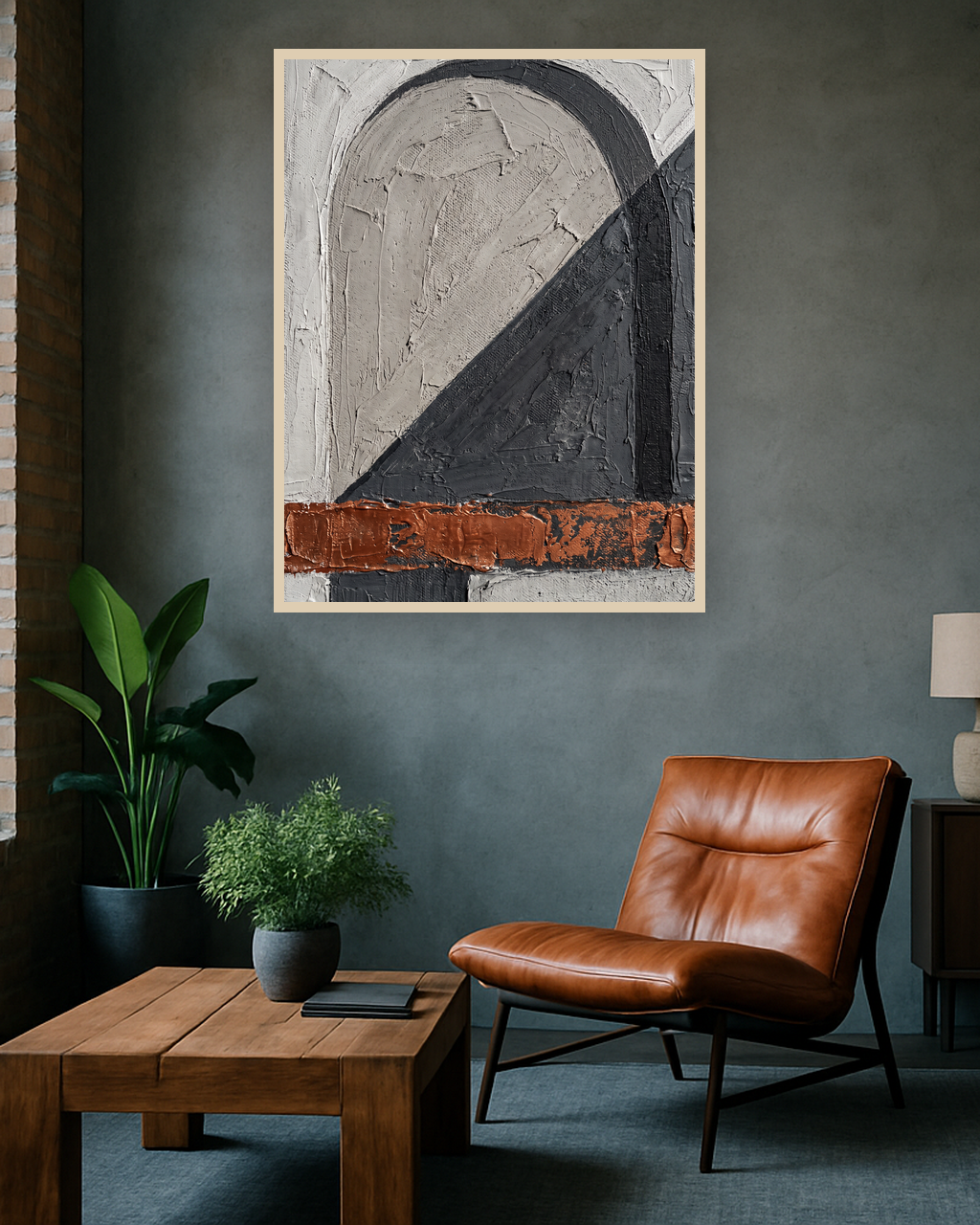 Concrete Hours van Wandkraft op akoestisch vilt in blanke baklijst, in een industrieel loft interieur.