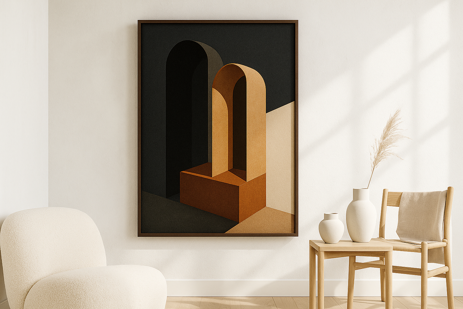 Concrete Hours van Wandkraft op akoestisch vilt in wenge baklijst, in een licht Scandinavisch interieur.