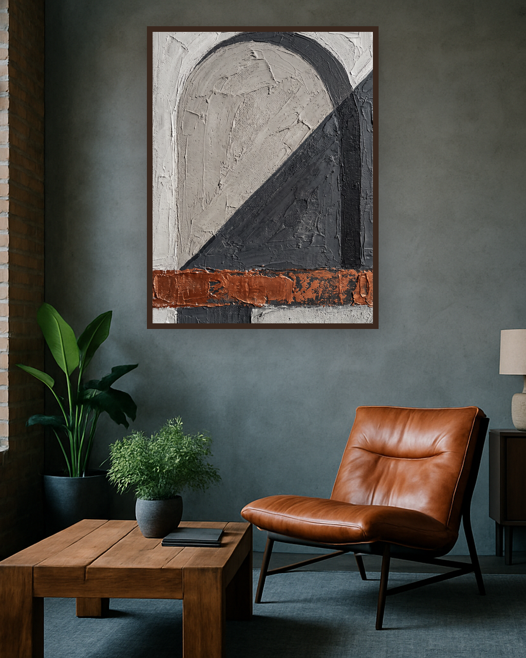 Concrete Hours van Wandkraft op akoestisch vilt in wenge baklijst, in een industrieel loft interieur.