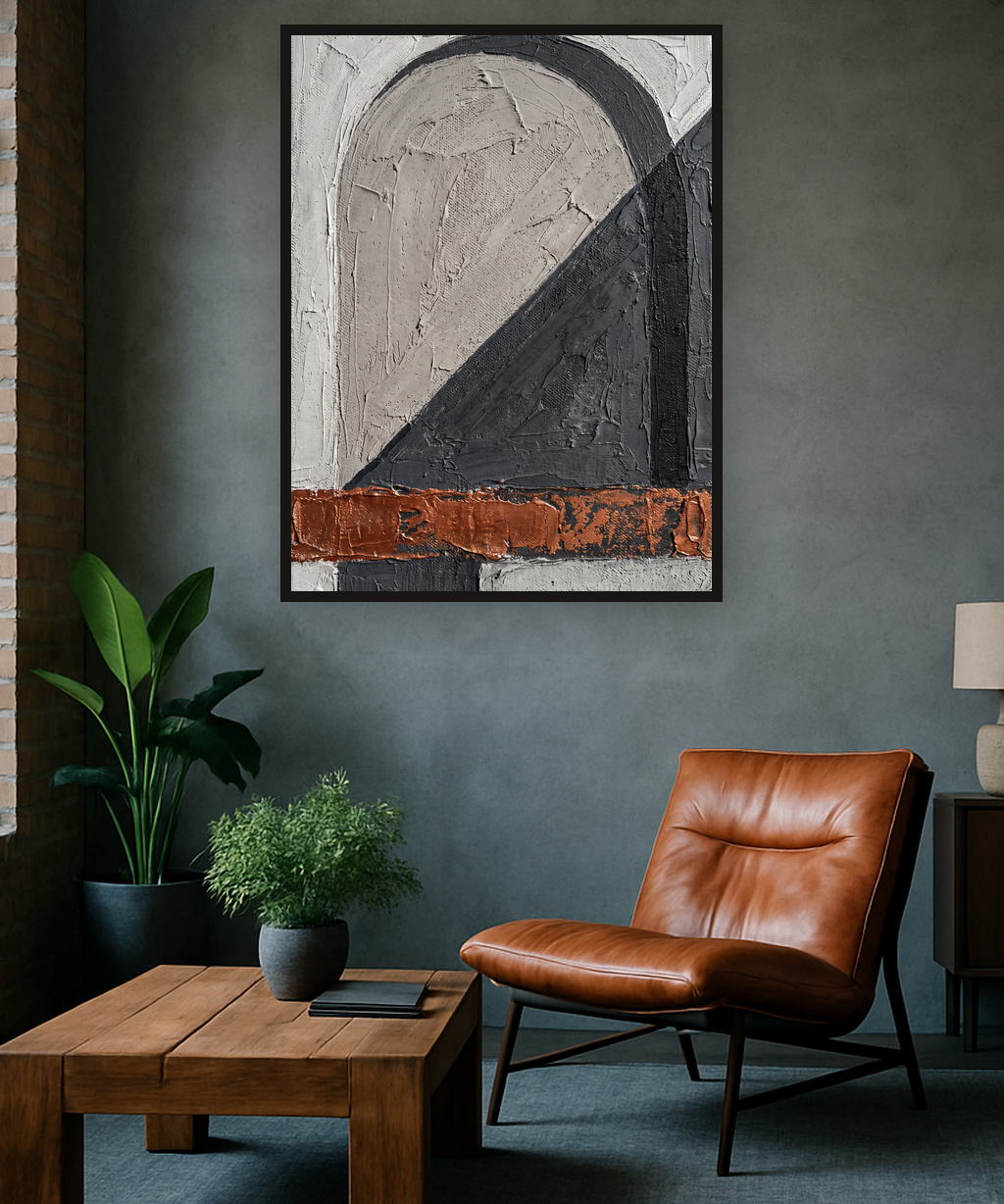 Concrete Hours van Wandkraft op akoestisch vilt in zwarte baklijst, in een industrieel loft interieur.