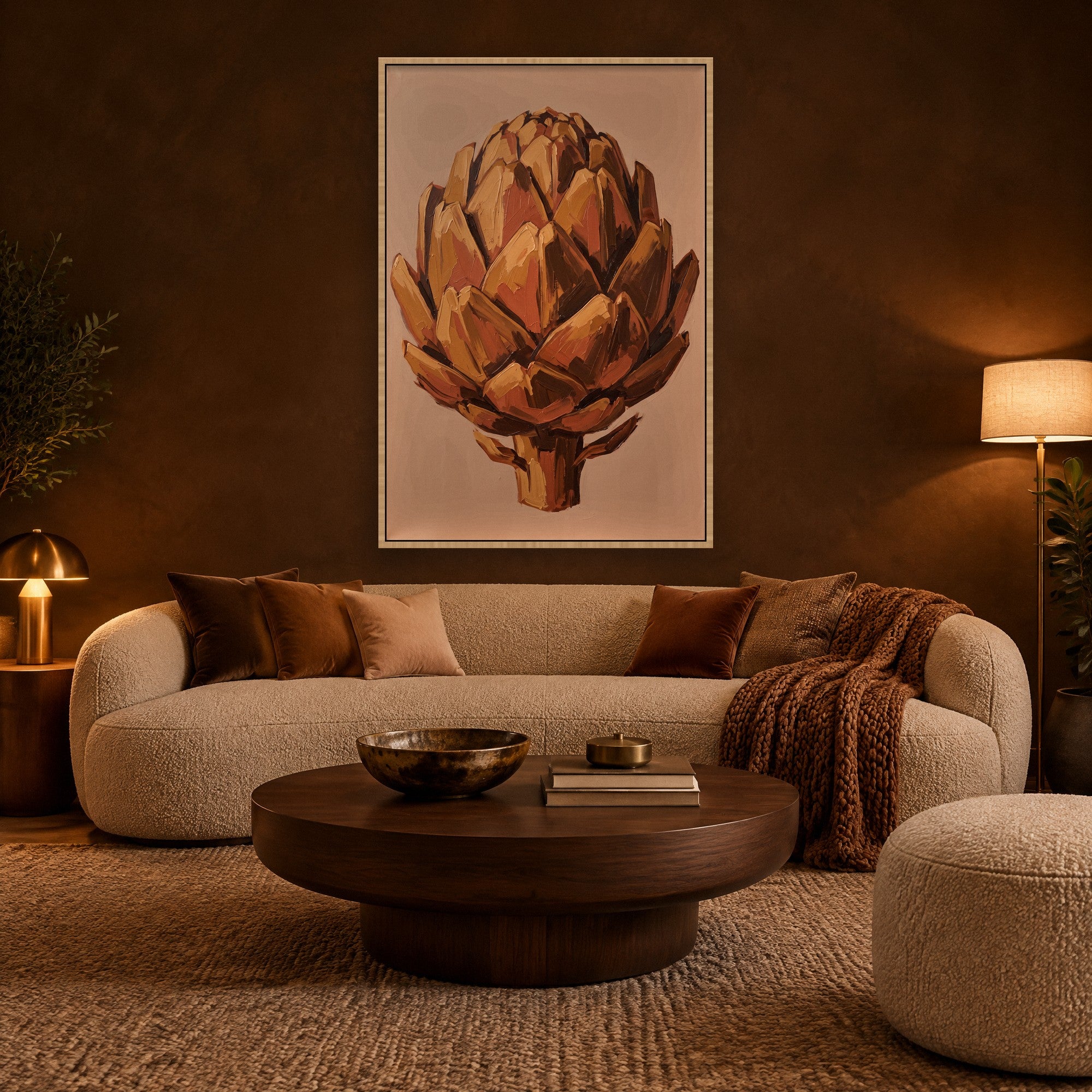 Copper Crown Stimmungsbild mit Schattenfugenrahmen in Naturholz im warmen Wohnzimmer