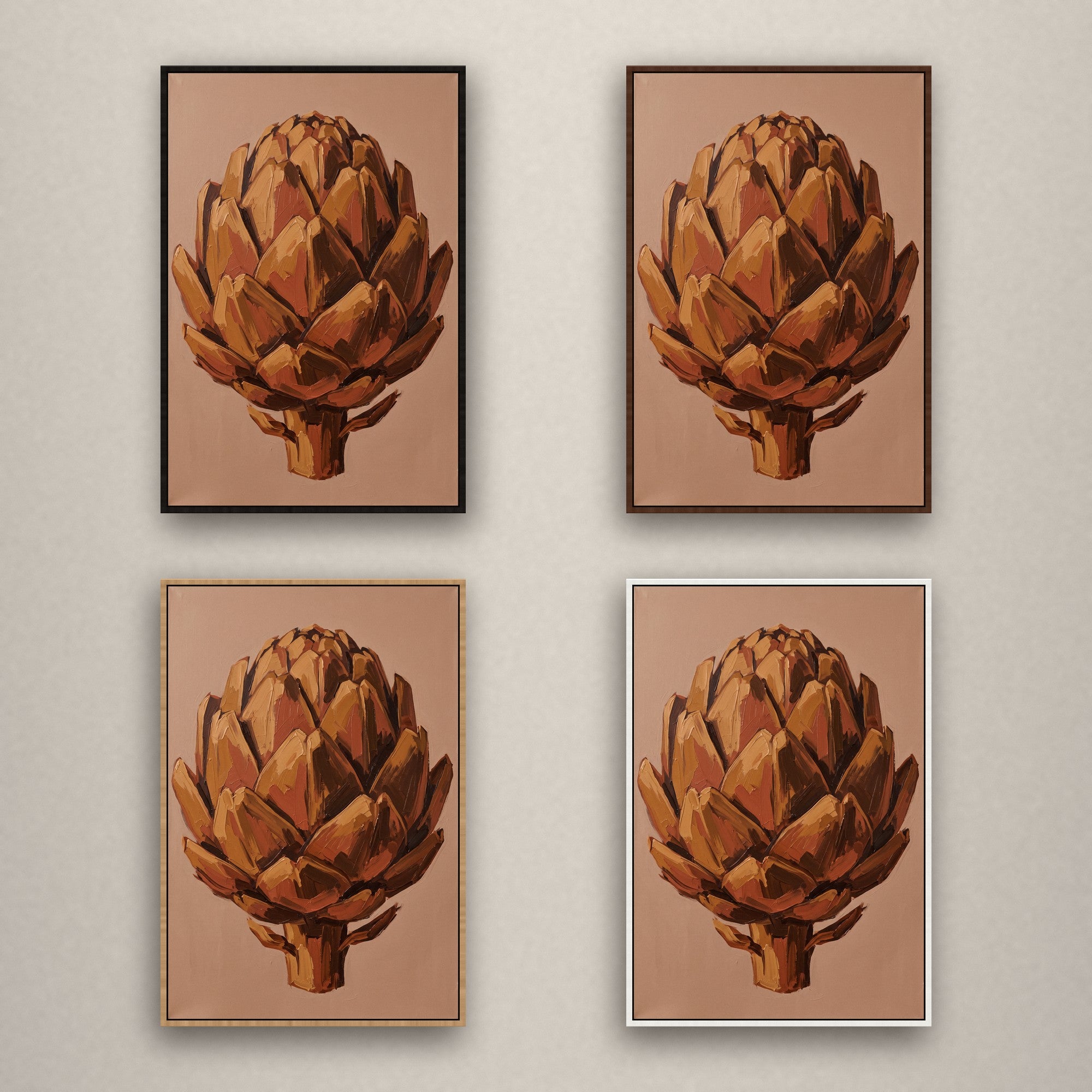 Copper Crown in vier Schattenfugenrahmen nebeneinander: Schwarz, Kastanie, Natur und Weiß