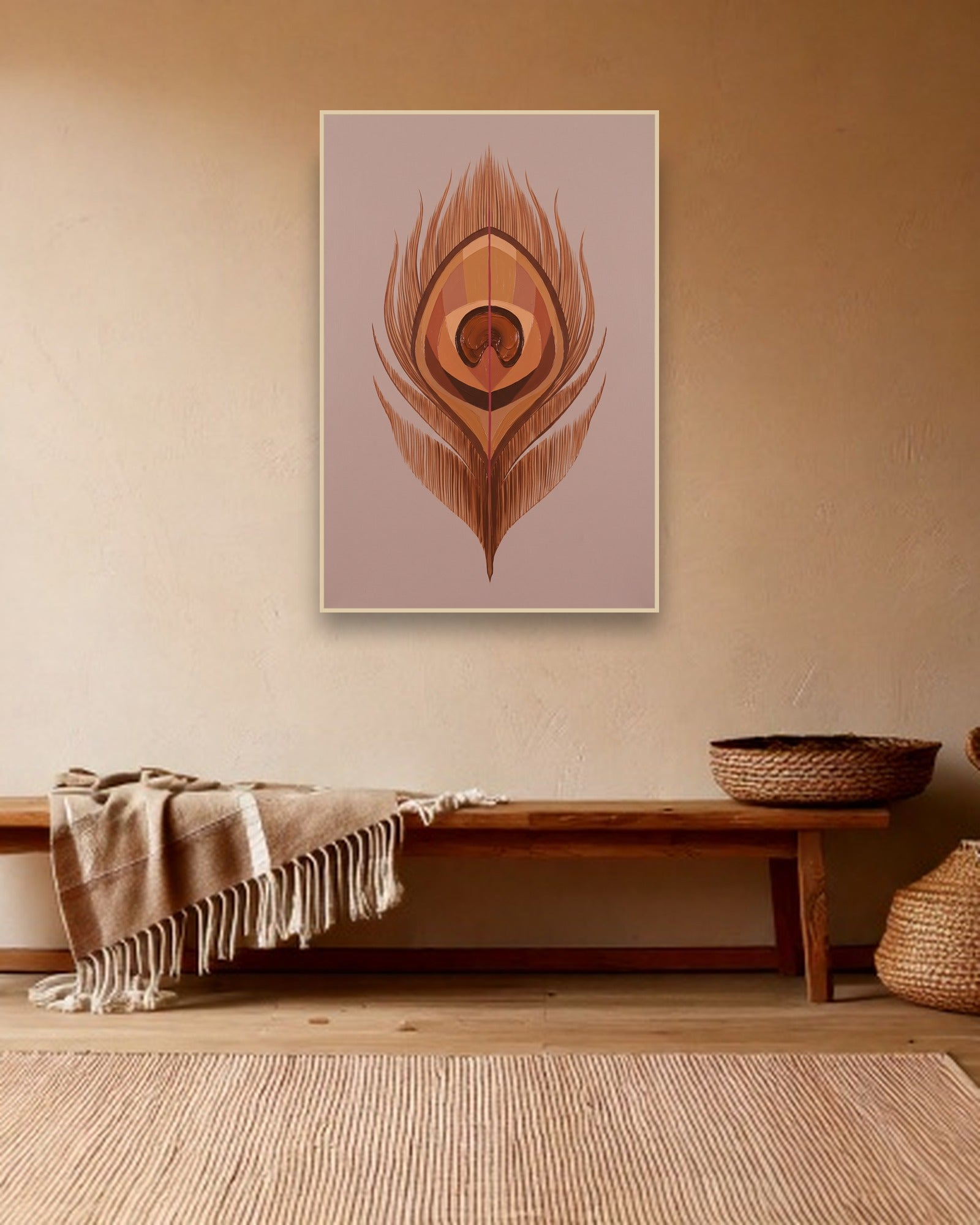 Copper Plume ambiance avec cadre en bois clair dans un intérieur bohème