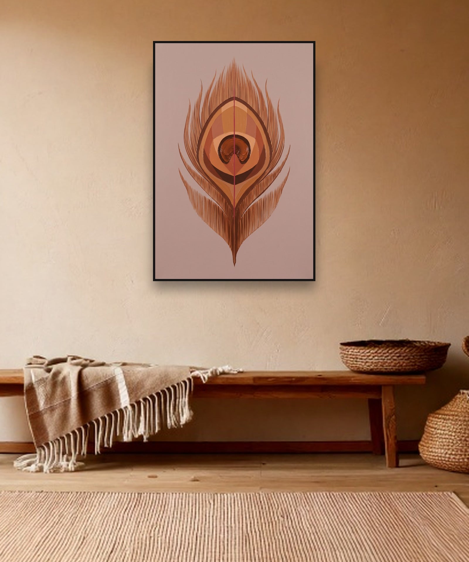 Copper Plume ambiance avec cadre caisse noir dans un intérieur bohème