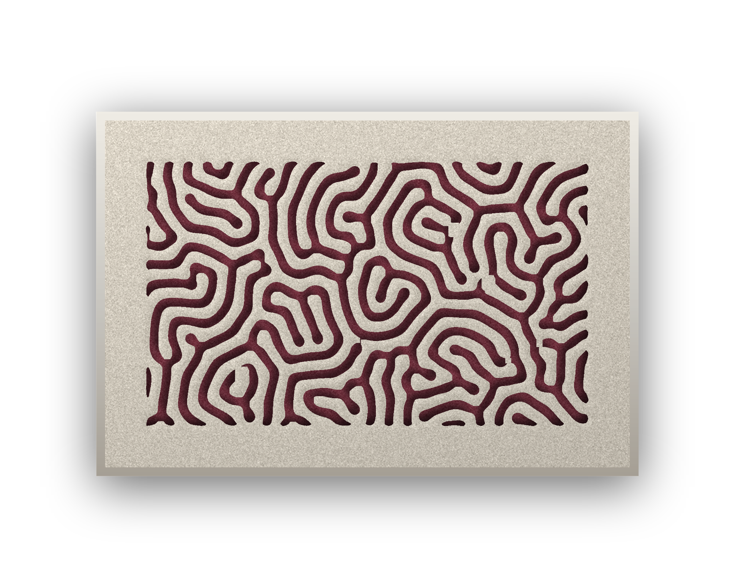 Panneau en feutre acoustique Coral Maze accroché en paysage, avec cadre caisse blanc, détouré