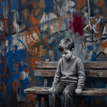 Corner Story - street art schilderij van een jongen op een bankje tegen een graffitimuur