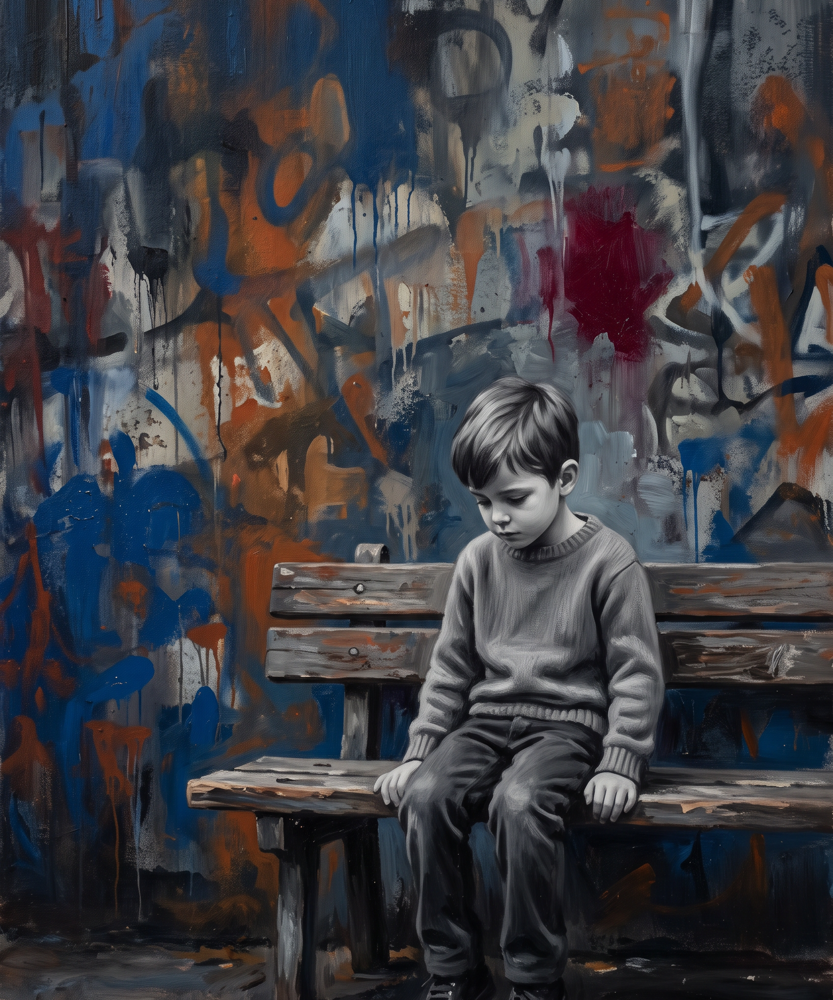 Corner Story - street art schilderij van een jongen op een bankje tegen een graffitimuur