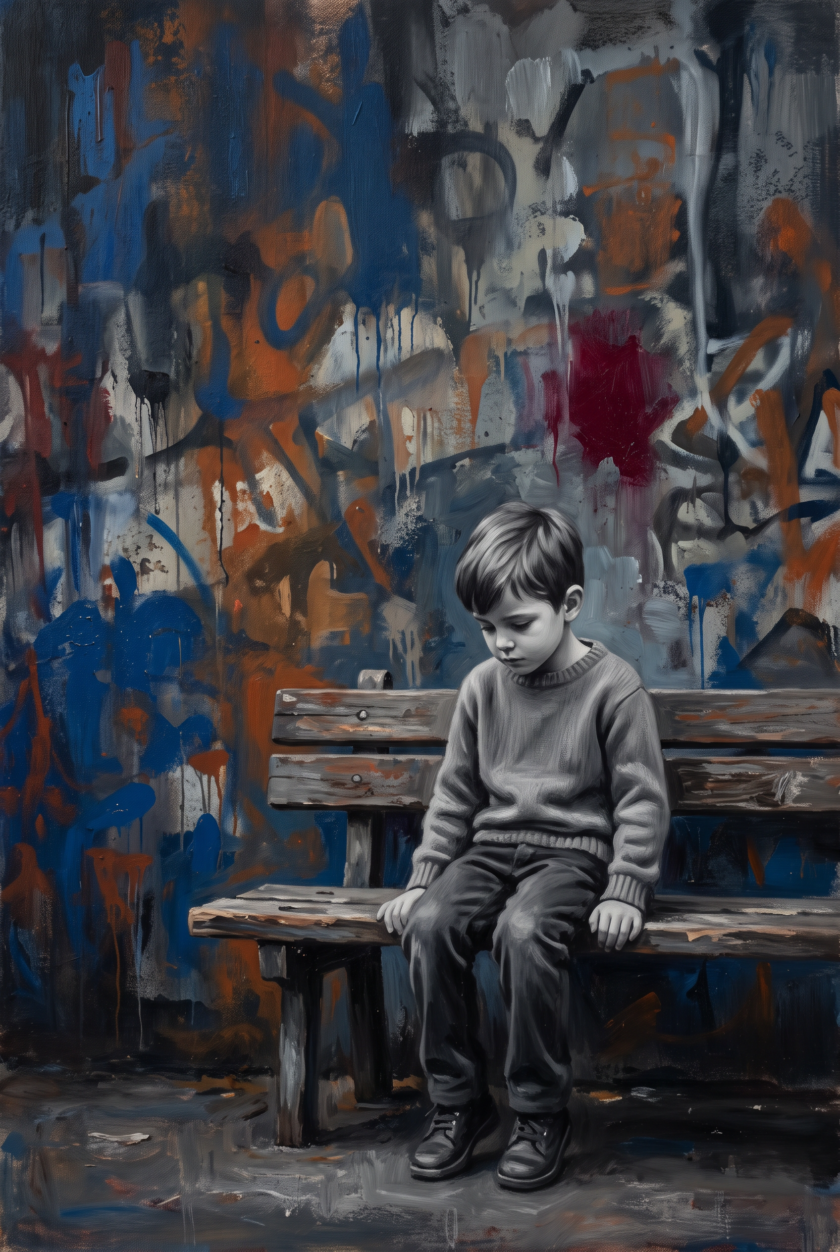 Corner Story - street art schilderij van een jongen op een bankje tegen een graffitimuur