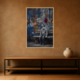 Corner Story van Wandkraft op canvas in blanke baklijst, in een stoere loft.