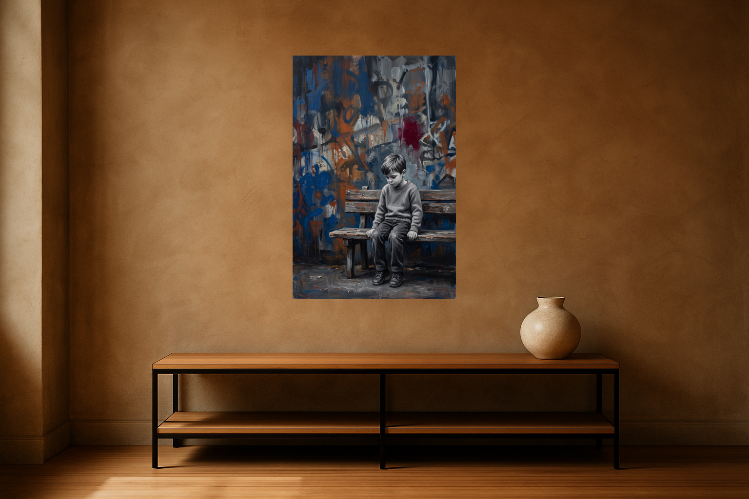 Corner Story van Wandkraft op canvas zonder lijst, vlak aan de muur, in een stoere loft.