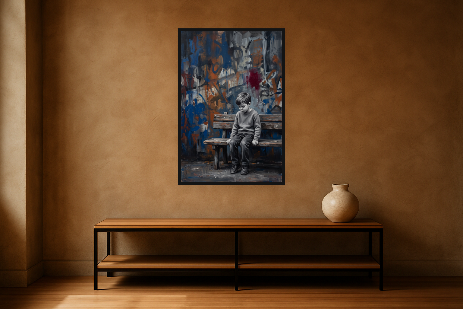 Corner Story van Wandkraft op canvas in zwarte baklijst, in een stoere loft.