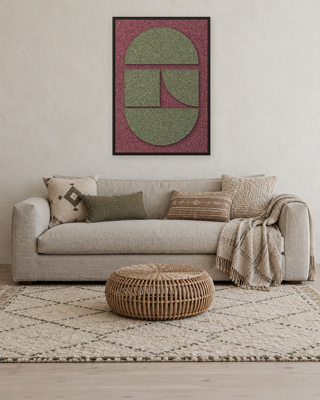 Panneau en feutre Counter Arch Wine avec cadre caisse noir au mur dans un intérieur scandinave