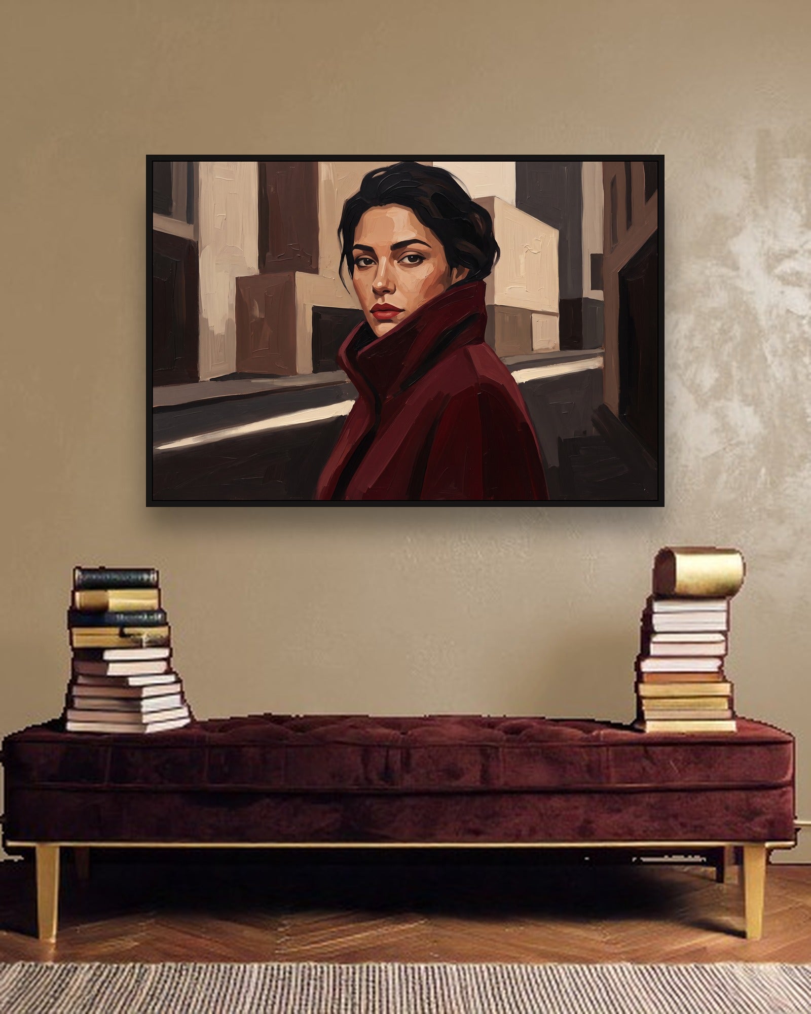 Crimson Turn ambiance avec cadre caisse noir dans un intérieur de luxe moderne