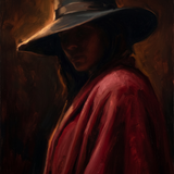 Crimson Veil - schilderij van een figuur onder een brede hoed in diep bordeaux en rood