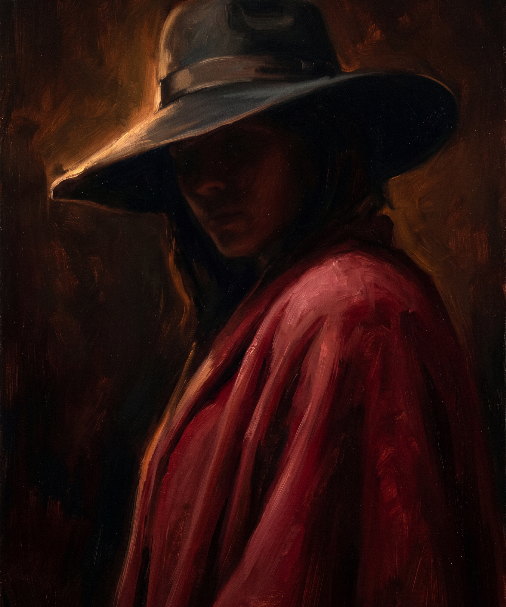 Crimson Veil - schilderij van een figuur onder een brede hoed in diep bordeaux en rood