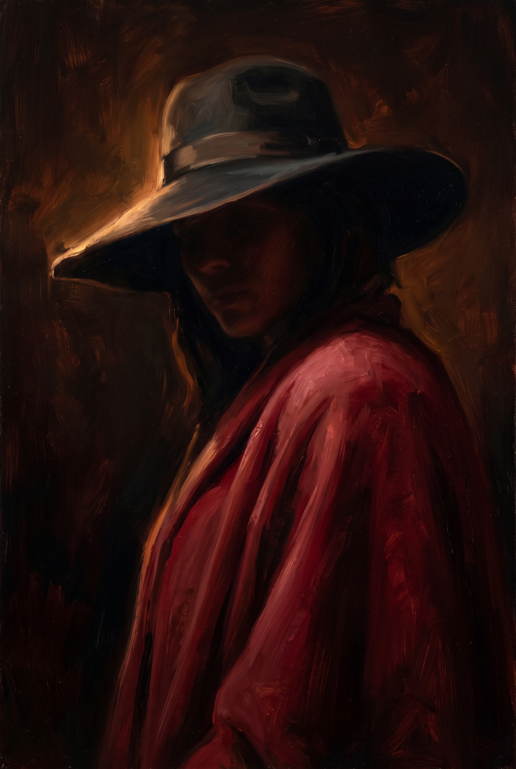 Crimson Veil - schilderij van een figuur onder een brede hoed in diep bordeaux en rood