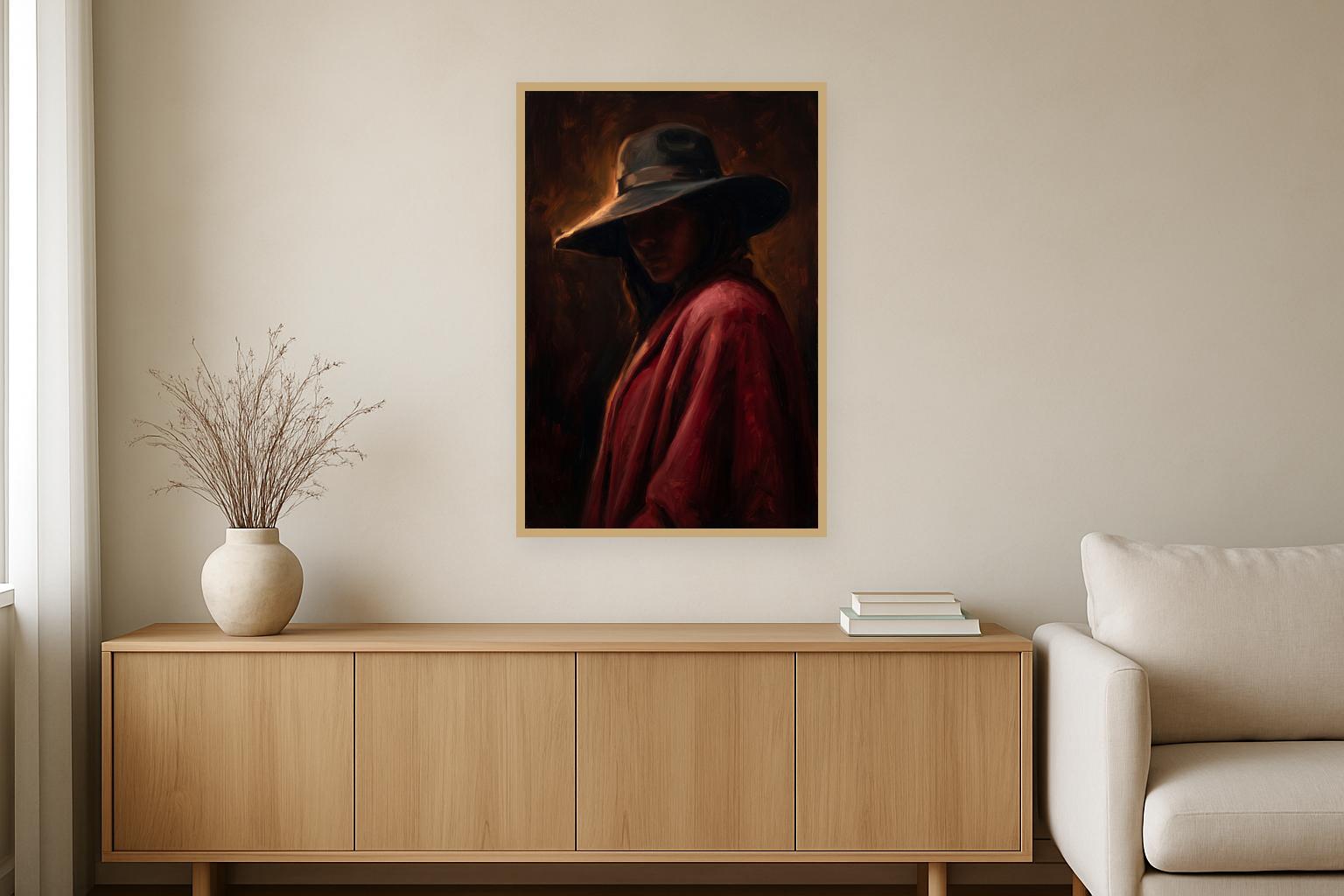 Crimson Veil van Wandkraft op canvas in blanke baklijst, in een warm, licht interieur.