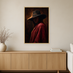 Crimson Veil van Wandkraft op canvas in blanke baklijst, in een warm, licht interieur.
