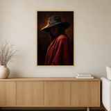 Crimson Veil van Wandkraft op canvas in blanke baklijst, in een warm, licht interieur.