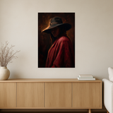 Crimson Veil van Wandkraft op canvas zonder lijst, vlak aan de muur, in een warm, licht interieur.