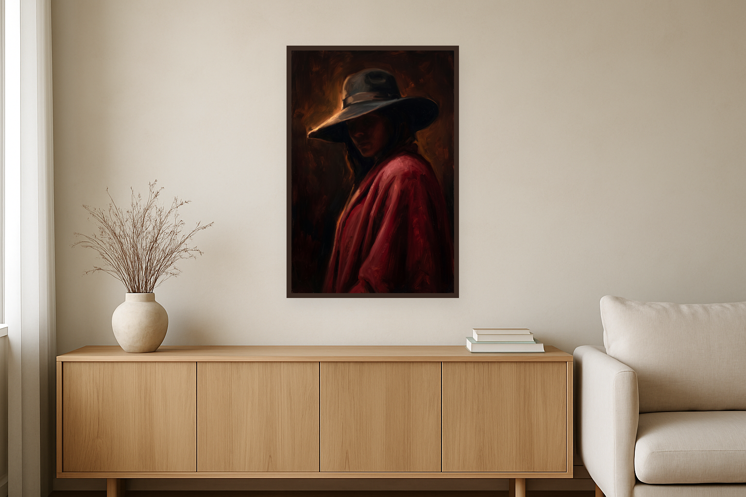Crimson Veil van Wandkraft op canvas in wenge baklijst, in een warm, licht interieur.