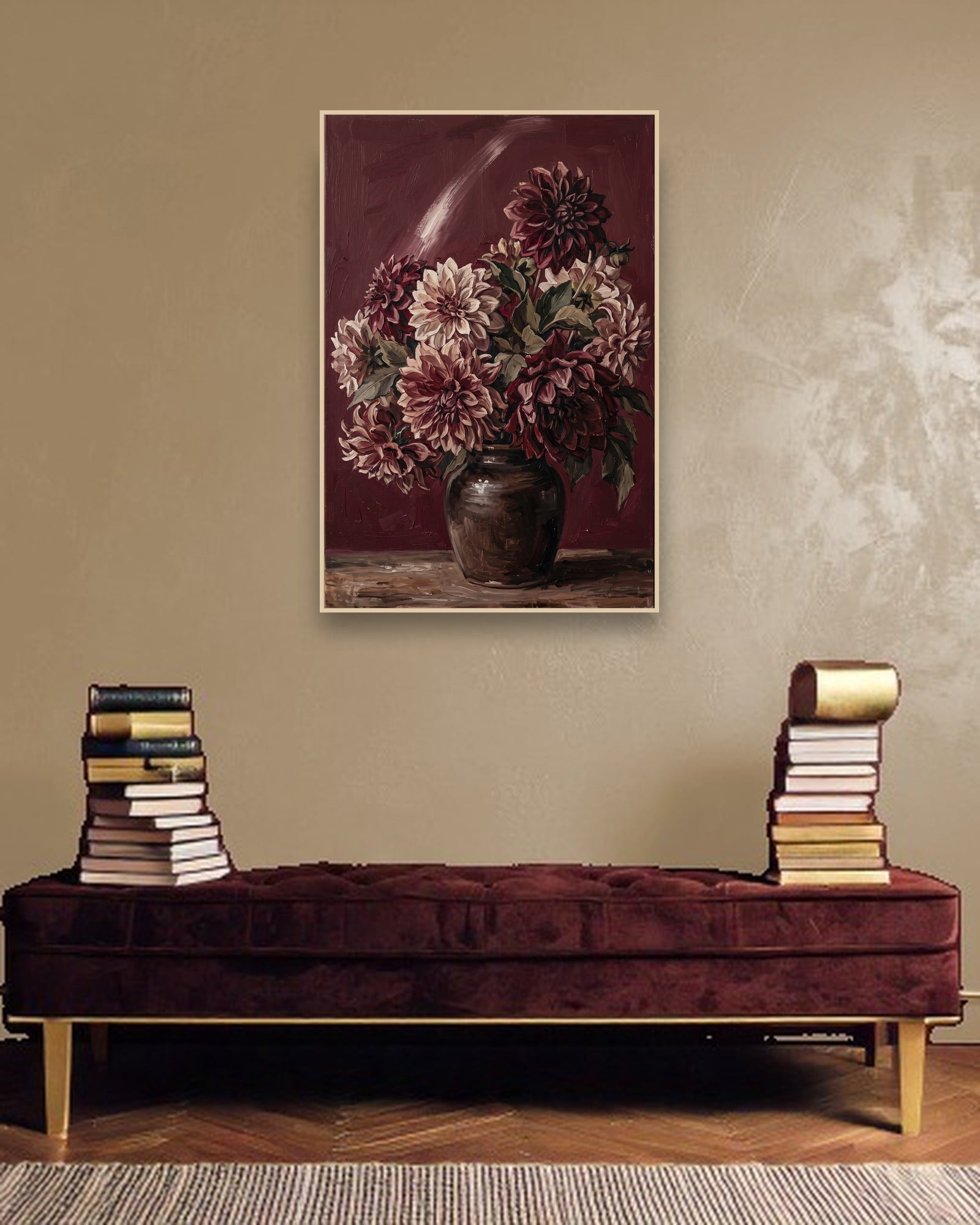 Dahlias at Dusk ambiance avec cadre en bois clair dans un intérieur de luxe moderne