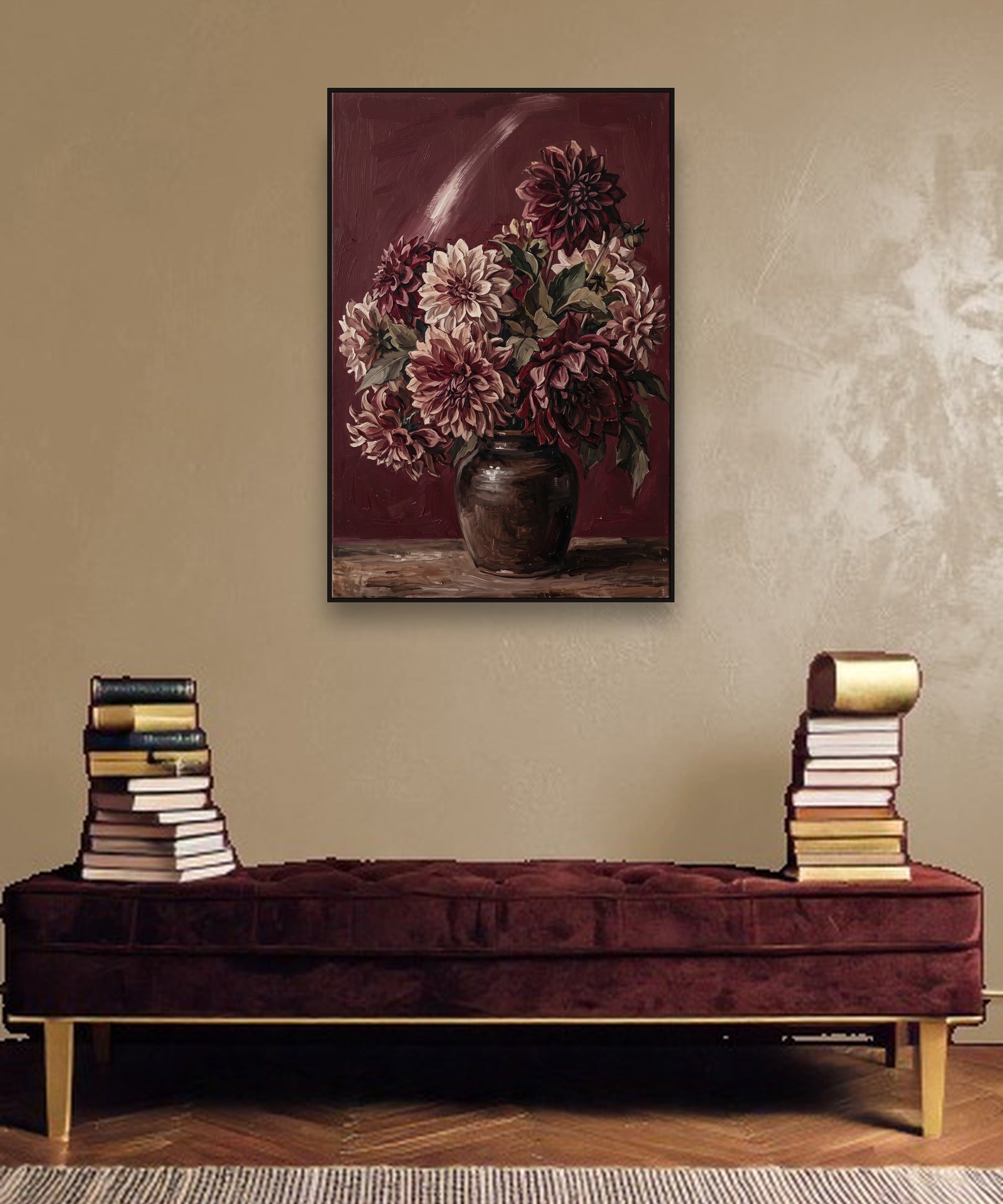 Dahlias at Dusk ambiance avec cadre caisse noir dans un intérieur de luxe moderne