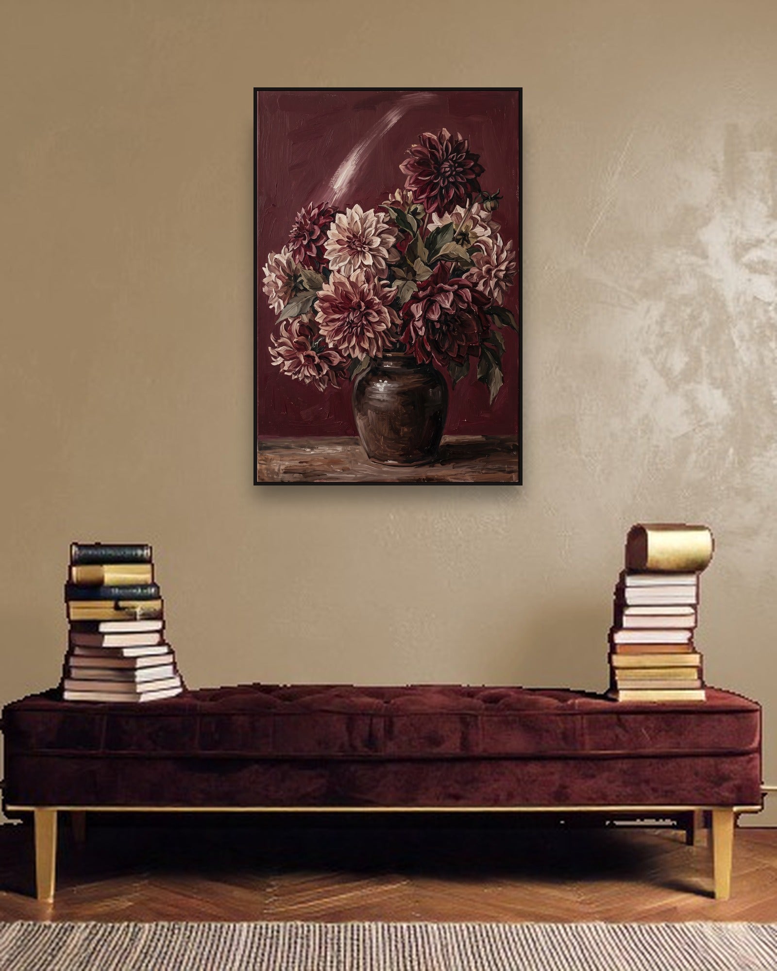 Dahlias at Dusk ambiance avec cadre caisse noir dans un intérieur de luxe moderne