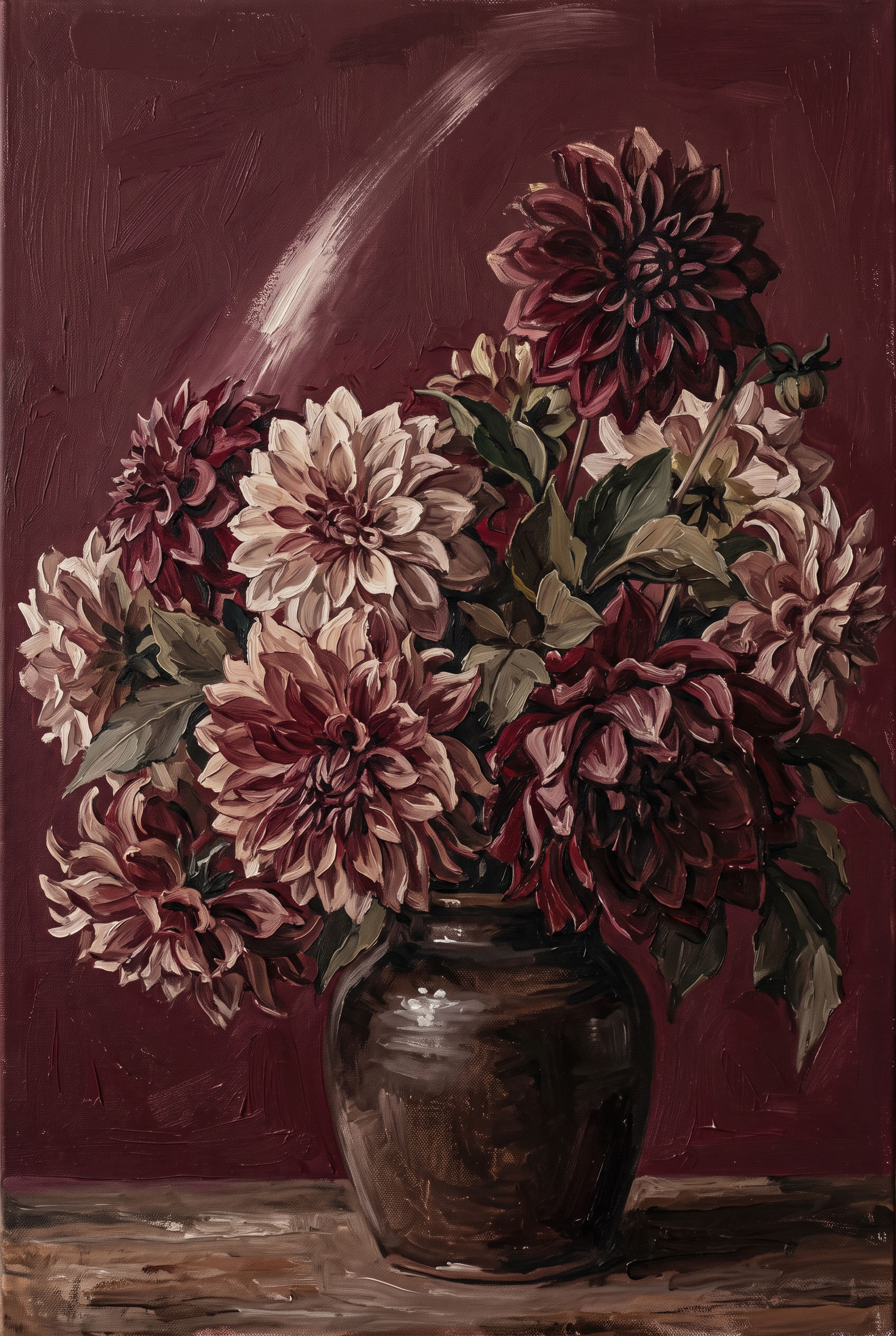 Dahlias at Dusk - boeket dahlia's in wijnrood, Wandkraft
