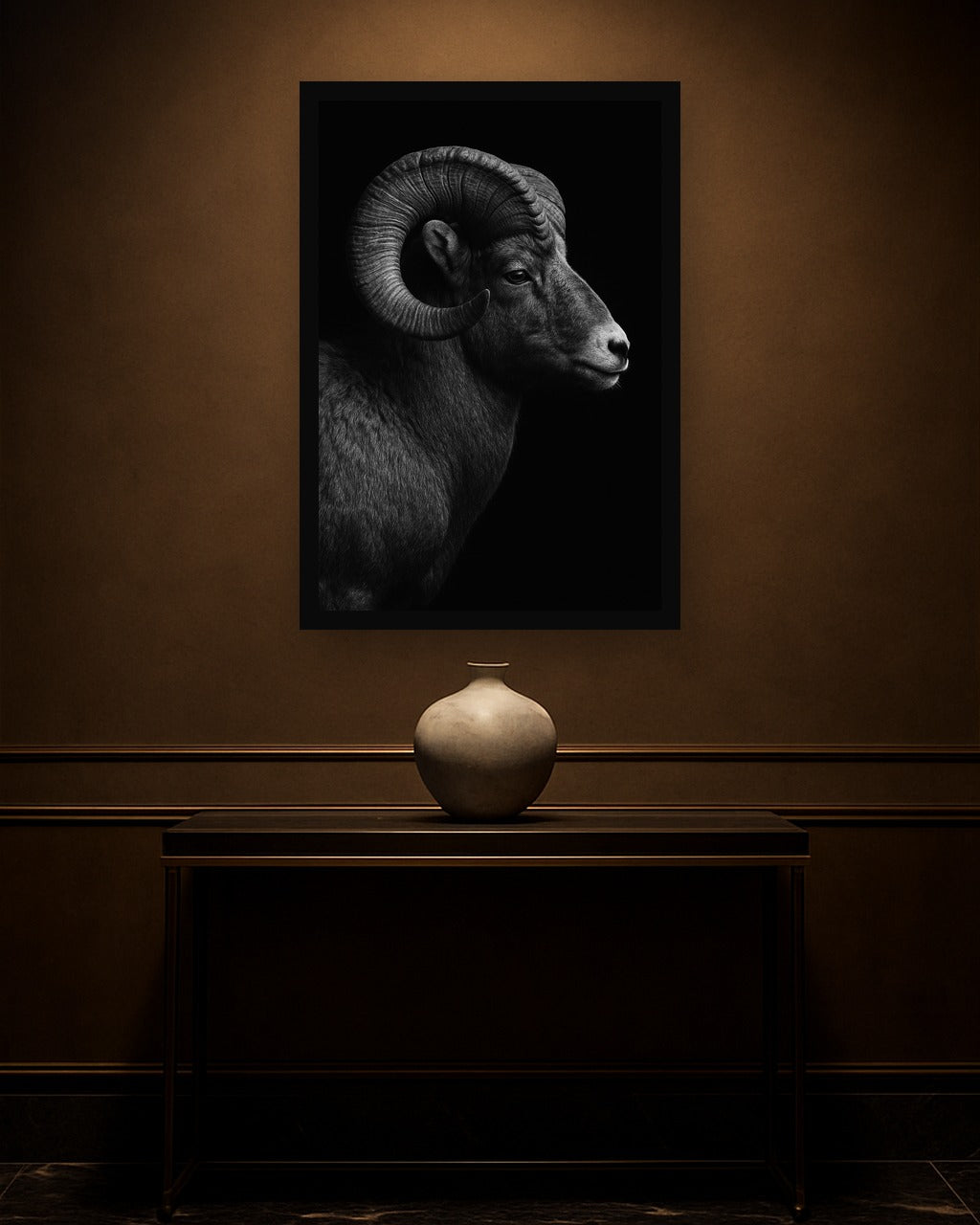 Dark Spiral interieur mockup met zwarte lijst