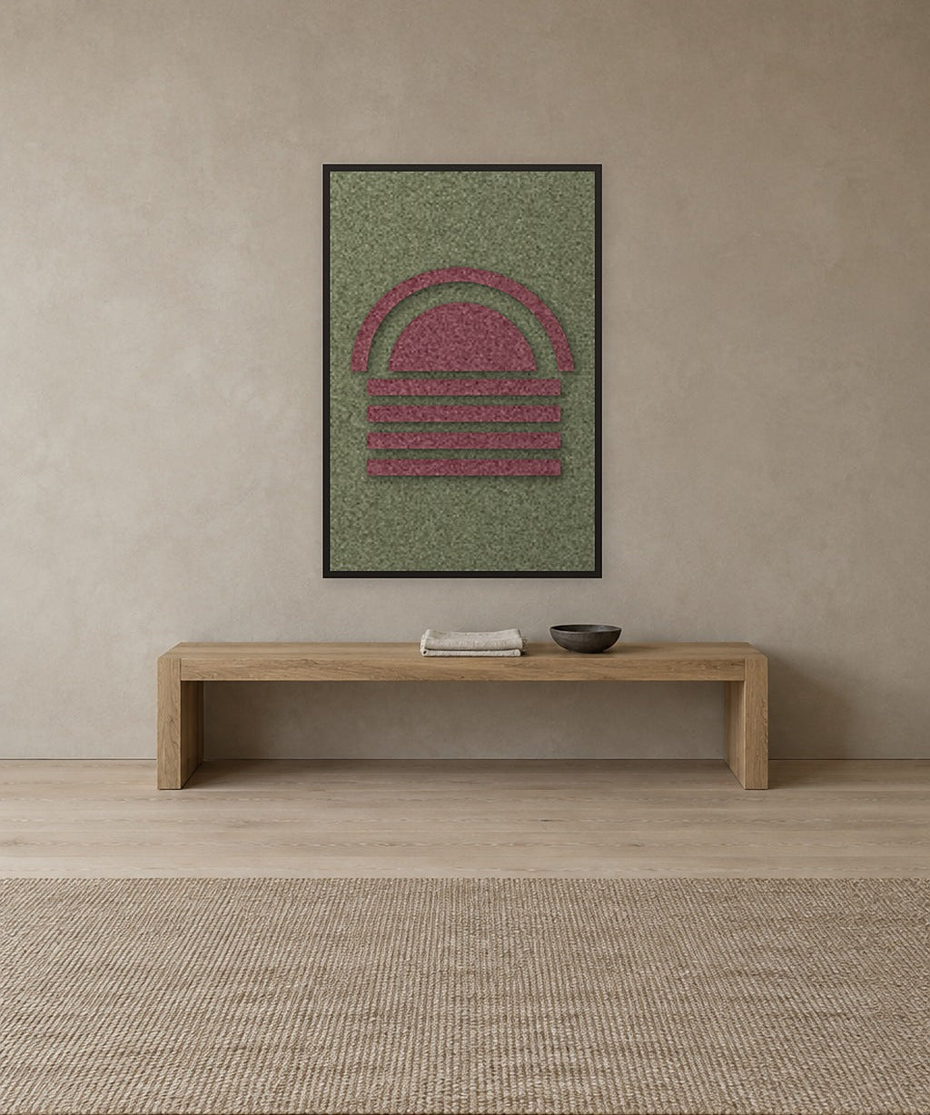 Dawn Arch Berry viltpaneel aan de wand in een bohemian interieur