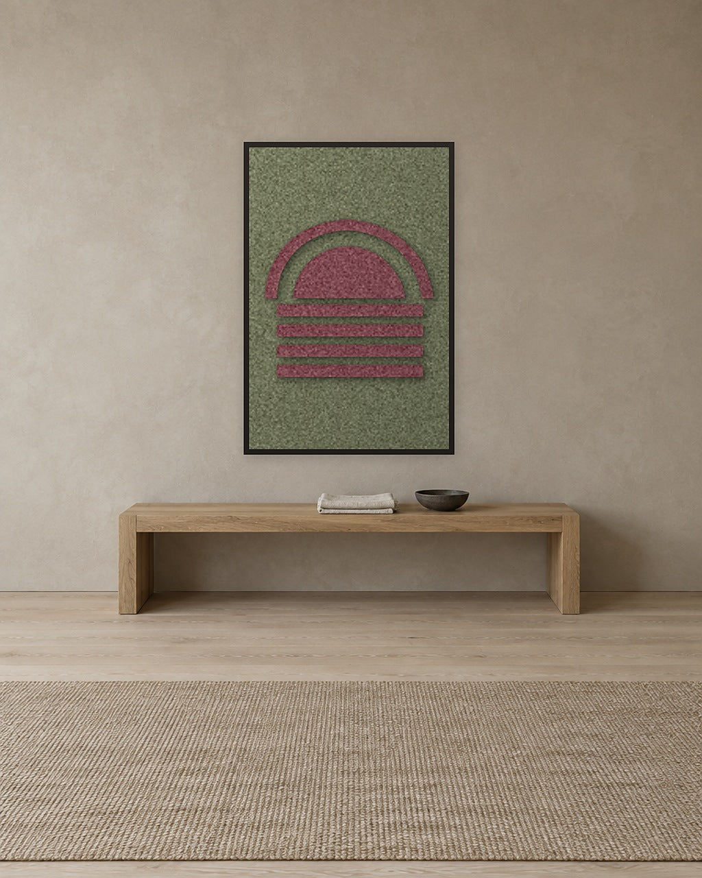 Dawn Arch Berry viltpaneel aan de wand in een bohemian interieur