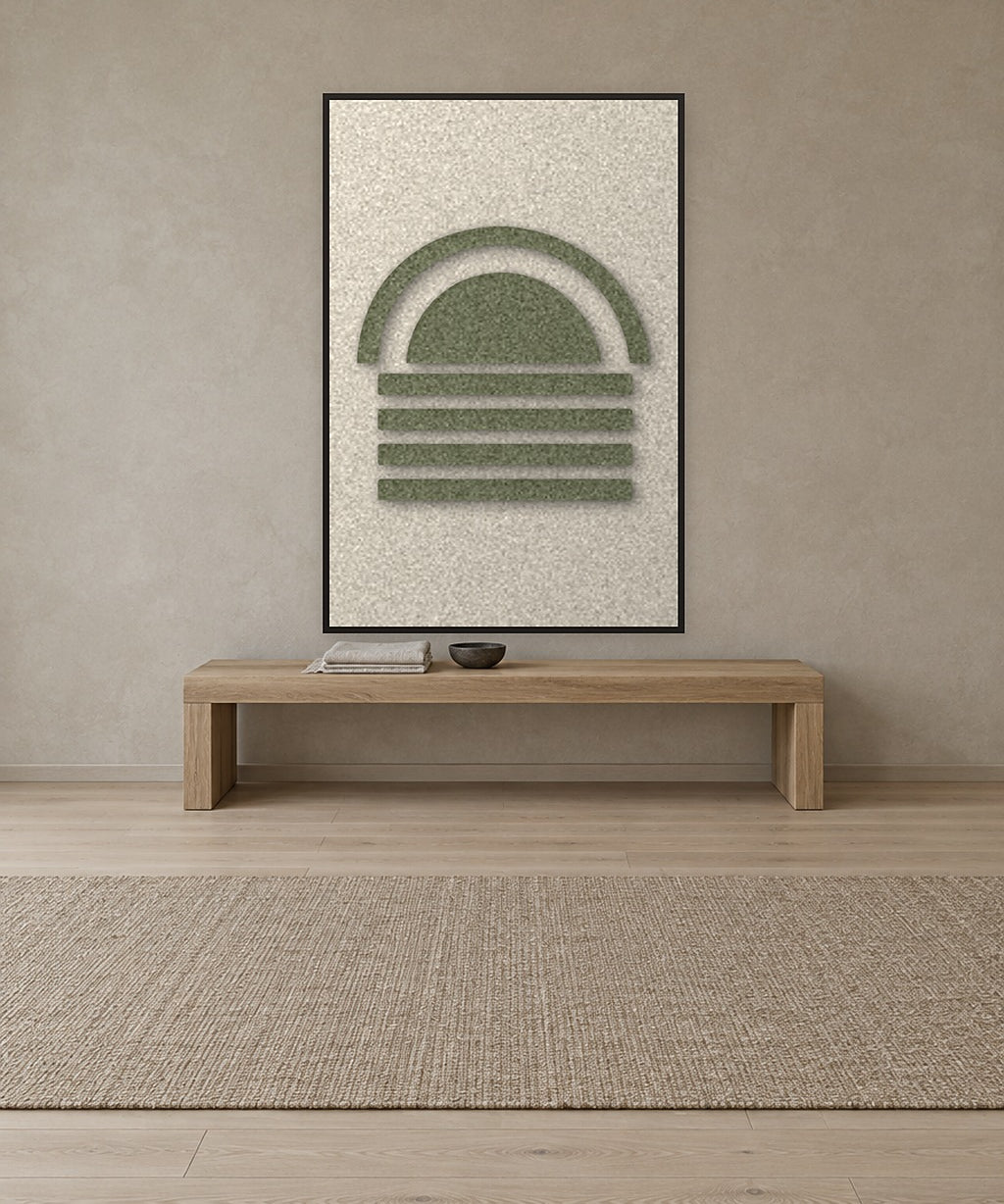 Dawn Arch Sage viltpaneel aan de wand in een Scandinavisch interieur